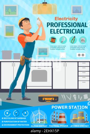 Elektriker-Service, elektrische Reparaturarbeiten. Vector man in Uniform ändern Glühbirne im Küchenraum mit Werkzeugen wie Schraubendreher, Voltmeter und Tester. Stock Vektor