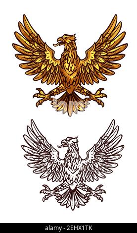 Gotische Wappentier Skizze Ikone des goldenen Greifen mit Schnabel, ausgebreiteten Flügeln und Krallen. Vektor Vintage Royal oder Monarchie gryphon Geier mystischen Vogel si Stock Vektor