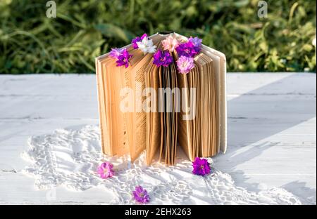 Violette Blumen auf einem Buch. Durchbrochene gestrickte Tischdecke auf einem alten Holztisch. Abend im Dorf. Sonnenuntergang im Freien, Batanica, schöne Blumen Stockfoto
