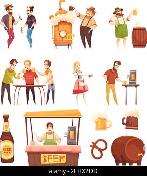 Set von isolierten dekorativen Ikonen auf Bier Thema mit Menschen Trinken Bier drinnen und draußen allein und in Gesellschaft von Freunde flache Vektor illustratio Stock Vektor