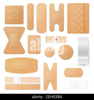 Isolierte Pflaster und Kleber Pflaster, medizinische Behandlung von Hautverletzungen. Vector antibakterielle sterile Abdeckung für verletzt Körperoberfläche, ticky Einweg Stock Vektor