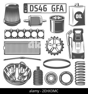 Auto-Ersatzteile, Ölbehälter und Waschreiniger Vektor monochrome Symbole. Motoröldose, Zahnrad, Nummernschild, Filter und Zellenfeder, Überbrückungskabine Stock Vektor