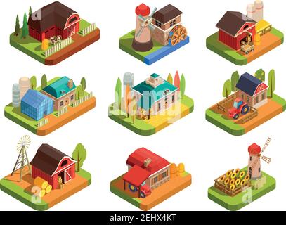 Bunte Bauernhof isometrische Set mit verschiedenen Bauernhöfen und Ausrüstung Für Landwirte isoliert auf weißem Hintergrund 3D Vektorgrafik Stock Vektor