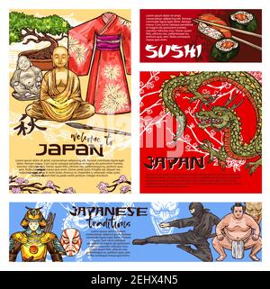 Japan Reise-Plakate mit japanischen Kultursymbolen. Buddha-Statue, Drachen- und Pagodentempel, Sushi, Bonsai und Sakura, Kimono und Samurai, Ninja, sumo Stock Vektor