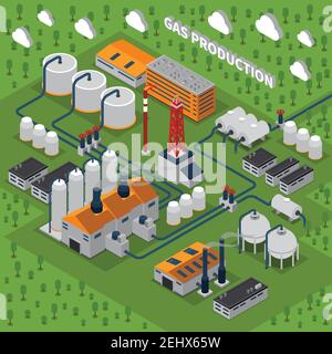 Gas-Produktion isometrische Zusammensetzung mit industriellen Anlagen einschließlich Gebäude, Station, Rauchestacks, Pipeline, Tanks für Speicher Vektor illustraa Stock Vektor