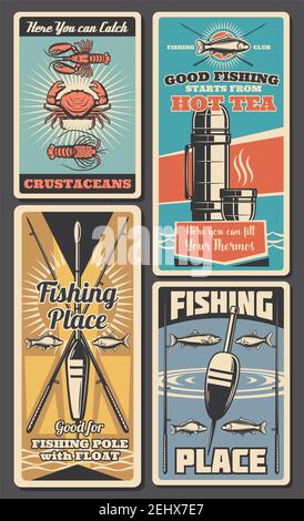 Angelausrüstung und Köder Shop Retro Banner von Rute, Haken und Köder, Fisch, Spinnen und Schwimmer, Lachs, Forelle und Thunfisch, Krabben, Hummer und Bass. Fischer Stock Vektor