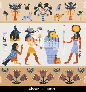 altägyptische Religion Design auf hellem Hintergrund mit Göttern, Hieroglyphen, Palmen, Dekoration aus Blumen Vektor-Illustration Stock Vektor