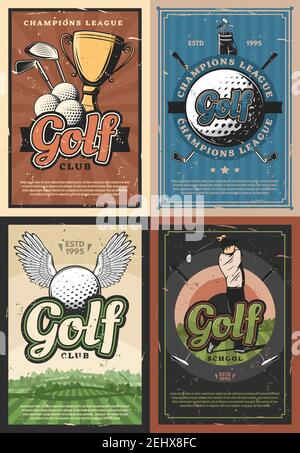 Golf Spiel Club Turnier Retro Porters. Golfer Ausrüstung T-Shirts und Bälle, Meisterschaft goldene Trophäe Cup und Champion-Spieler. Golfschule für Junioren, Stock Vektor