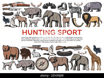 Jagd auf Tiere und Waffen für Jagd Poster. Messer und Waffe, Wildtiere Nashorn und Elefant, Hirsch und Löwe, Zebra und Bär, Giraffe, Hintern Stock Vektor