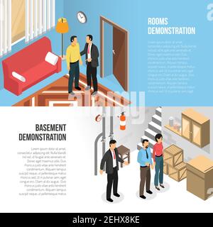 Immobilienagentur horizontale Banner mit Käufern und makler demonstrieren Isometrische Vektordarstellung von Räumen und Keller Stock Vektor