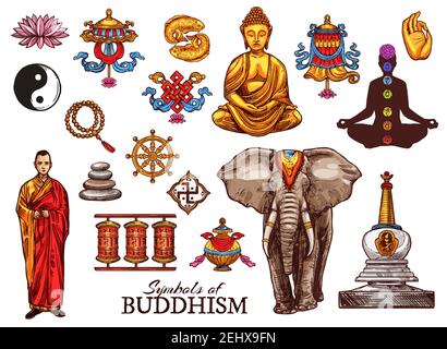 Buddhismus Religiöse Meditation und Zen-Symbole. Vektor Buddha Mönch Mudra, Yin Yang Fisch Zeichen oder Dharma Rad und Tempel Trommeln, Elefant und buddhistische vi Stock Vektor