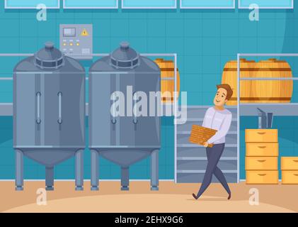 Moderne Bienenfarm Honig Produktion Lagerung und Filtrationsanlage mit Apiarist Tragen Waben Cartoon Komposition Vektor Illustration Stock Vektor