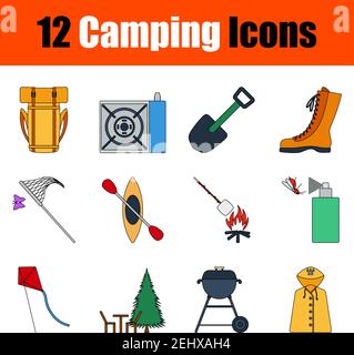 Camping Icon Set. Flaches Design Mit Konturen, Die Bearbeitet Werden Können. Vektorgrafik. Stock Vektor