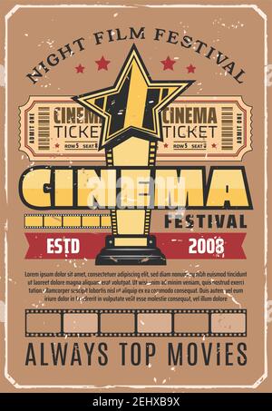 Top Filme Festival Retro Poster mit Gold Award für Leistungen im Kino. Filmprojektion und Belohnung für den besten Film. Kinematografie Stock Vektor