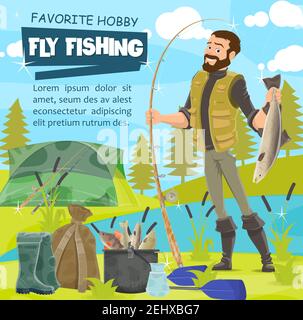 Fisher Fang Fisch, Ausrüstung und Fischerei, Camp Zelt und Rucksack. Vector Gummistiefel und Eimer mit Fisch, Rute und Hecht, Lachs und Forelle, p Stock Vektor