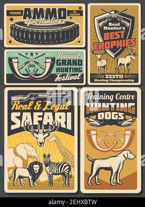 Jagen Sie Plakate im Retro-Stil der offenen Saison und der afrikanischen Safari. Vector Vintage-Design von Wildtieren und Jäger Munition Gewehre, Fallen oder Jagdhunde und Elch, Hirsch o Stock Vektor