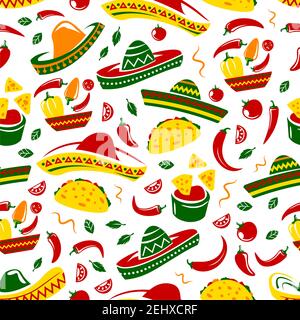 Mexikanische Küche nahtlose Muster. Vector Hintergrund von Sombrero, Chili oder Jalapeno Pfeffer und mexikanische Lebensmittel Tacos, Burrito oder Nachos und Avocado Guacam Stock Vektor