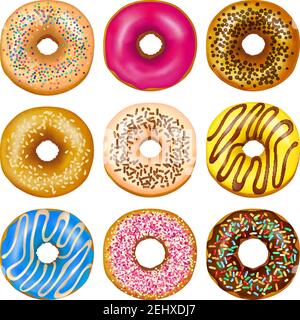 Realistisches Set von köstlichen glasierten Donuts mit bunten Toppings isoliert Vektorgrafik auf weißem Hintergrund Stock Vektor