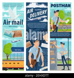 Luftpost-Lieferung und Briefträger Beruf, Porto Logistik. Vector Fracht Flugzeug und Zug Fracht Versand Paketboxen mit Zeitung, Zeitschriften a Stock Vektor