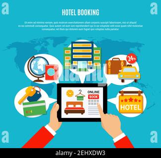 Hotel Buchung Design-Konzept mit Mann Hände halten Tablet mit Online-Buchungsservice-Seite auf dem Bildschirm flache Vektor-Illustration Stock Vektor