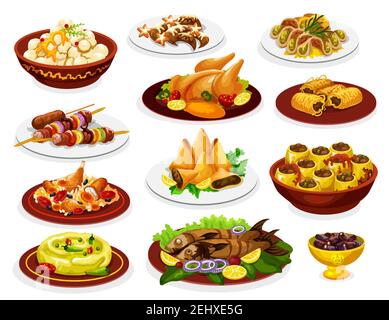 Ramadan Essen von iftar Party-Mahlzeit mit arabischen Gerichten. Vector Huhn biryani, Datteln und Reis Pilaf, Halbmond Cookie, Kebab und Samosa, Hummus, gr Stock Vektor