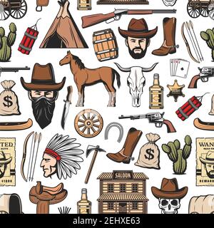 Wild West nahtlose Muster Hintergrund mit westlichen Vektor-Symbole. Texas Cowboy in Hut, Kuhschädel und Lasso, Kaktus, Rodeo Pferd und Hufeisen, sherif Stock Vektor
