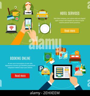 Online-Buchung horizontale Banner mit Elementen der Hotel-Dienstleistungen und Gadget Symbole flache Vektor-Illustration Stock Vektor