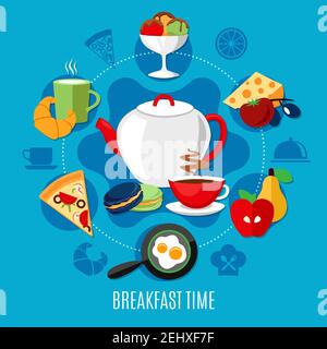 Flaches Restaurant-Konzept mit Menü zum Frühstück auf blauem Hintergrund vektorgrafik Stock Vektor