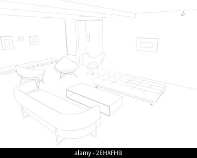Die Kontur des Interieurs mit Sesseln und einem Sofa aus schwarzen Linien auf weißem Hintergrund. 3D. Vektorgrafik. Stock Vektor