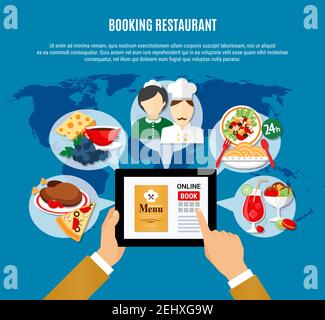 Mann lesen Menü und Buchung Restaurant online flache Vektor Illustration Stock Vektor