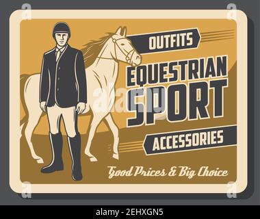 Pferdesport Pferd und Jockey Reiter. Vollblut Hengst oder Stute mit Tack, Sattel und Zaumzeug, Reiter mit Pferdeausrüstungen und Zubehör. Stock Vektor