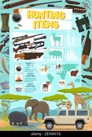 Safari Jagd Sportartikel Poster. Pistole und Armbrust, Messer und Taschenlampe, Fernglas und Falle, Kessel und Kugeln. Giraffe und Elefant, Nilpferd und li Stock Vektor