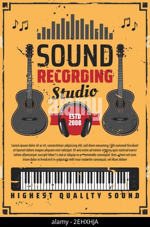 Musikinstrumente auf Tonaufnahme Studio Retro Poster, Gitarren und Synthesizer mit Kopfhörer. Melodie- und Liedertrack des Musikalbums. Kopf Stock Vektor