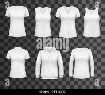 Damen T-Shirts, Sport Tanktops oder Hoodies und lässige Poloshirts. Vector weiße Damenmode Bekleidungsmodelle, realistische leere Vorderansicht Set für Marke PR Stock Vektor