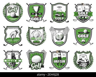 Golfschläger Abzeichen von Ball mit Flügel, Champion Cup und Golfwagen. Vector Golf Sport Championship heraldischen Ikonen von Club und Spieler auf Tee-Kurs Stock Vektor