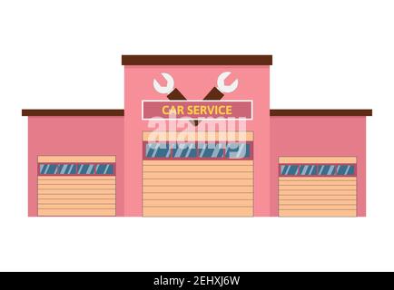 Einfache rosa Frauen Auto-Service und Reparatur Gebäude oder Garage mit großem Fenster und die Tür. Vektorgrafik isoliert auf Weiß. Automatische Tür geöffnet Stock Vektor