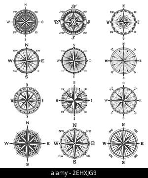 Kompasssymbole und -Zeichen, isolierte Vektor-Seenavigationselemente. Rose des Windes heraldic monochrome Zeichen mit Weltseiten, Norden und Süden, Westen Stock Vektor