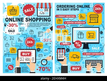 Online-Shopping Internet-Business-Konzept mit Schritt für Schritt Diagramm des Web-Shop Bestellprozess. Vector Computer, Handy, Laptop und Tablet mit Stock Vektor