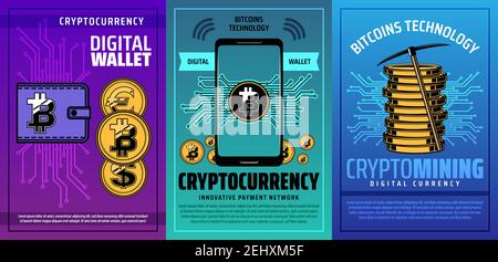 Bitcoin Kryptowährung, digitale Brieftasche und Krypto Geld Bergbau Technologie Vektor-Design. Handy, Geldbörse und goldene Kryptomünze mit Pickaxe und Stock Vektor