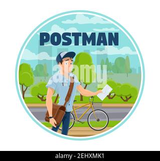 Express-Postzustelldienst oder Postbote mit Brief und Fahrrad. Vector Mailman mit Ledertasche in Uniform auf der Straße in der Nähe von Straße stehen. Post Stock Vektor