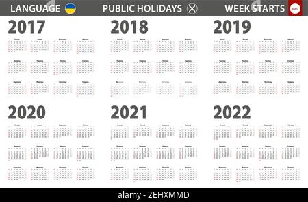 2017-2022-Jahres-Kalender in ukrainischer Sprache, die Woche beginnt am Sonntag. Vektorkalender. Stock Vektor