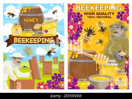 Imker mit Wabe im Bienenstock bei der Imkerei, Vektor. Schnurrbärtige Apiaristin in weißer Schutzkleidung und Hut mit Honig in Gläsern und Fässern, Bienen Biene Stock Vektor