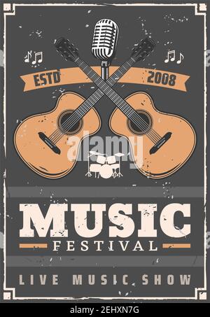 Musikfestival Musikinstrumente, Gitarre, Schlagzeug, Retro-Mikrofon und Noten. Live-Musik-Show und akustische Konzert vintage Poster, Unterhaltung V Stock Vektor