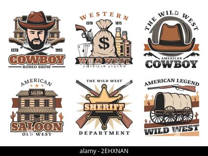 Wild West oder Western Vektor-Symbole mit Cowboy oder Sheriff. Messer und Sack Geld, Whiskey und Revolver, Spielkarten und Lasso, Saloon und Pistole, Carria Stock Vektor