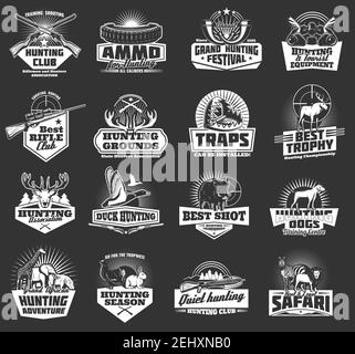 Jagdsport, Jäger Munition und Jagd Trophäe Tiere heraldischen Ikonen. Vektor Jagd Club Abzeichen, afrikanische Safari Löwe, Elefant oder Zebra und Giraffe, rab Stock Vektor