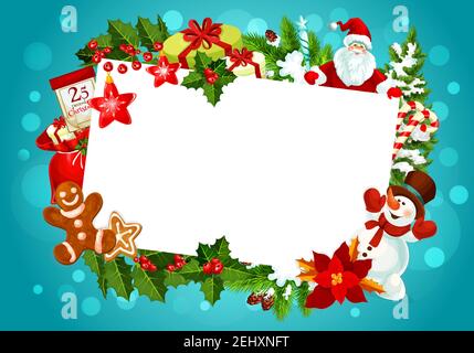 Weihnachten Winter Urlaub Grußkarte leer leer im Rahmen der Weihnachtsgeschenke. Vektor-Design von Santa am Weihnachtsbaum mit Neujahrsdekorationen, Holly o Stock Vektor