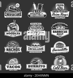 Fastfood-Restaurant Symbole mit Snacks. Käsekuchen Dessert und Ketchup oder Mayonnaise Saucen, Zwiebelringe und asiatische Nudeln. Vector Caesar Salat und BA Stock Vektor