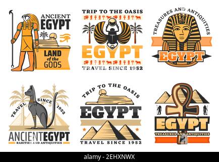Ägypten Reise-Ikonen, ägyptische Götter und Wahrzeichen. Vektor große Pyramiden und Sphinx, Ra und Pharao König, Katze und koptisches Kreuz. Skarabäus und Palmen, l Stock Vektor