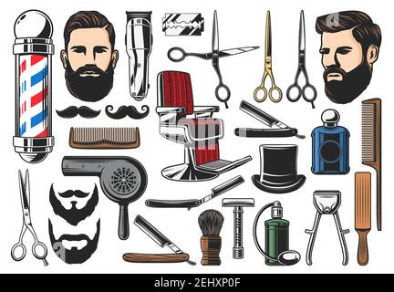 Friseurgeräte, Friseursalon und Friseurausrüstung, Bart- oder Schnurrbart-Rasur und Haarschnitt. Vector Barbier Shop Stuhl, Pole Signage, Schere und Rasieren Stock Vektor