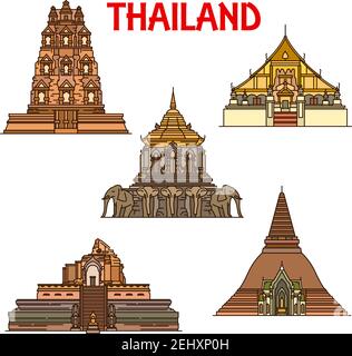 Thai Reise Wahrzeichen der alten Tempel und Stupas dünne Linie Ikonen. Vektor Stupa Phra Pathom Chedi und Phra Mahathat, Buddhistische Tempel von Chiang man, Stock Vektor